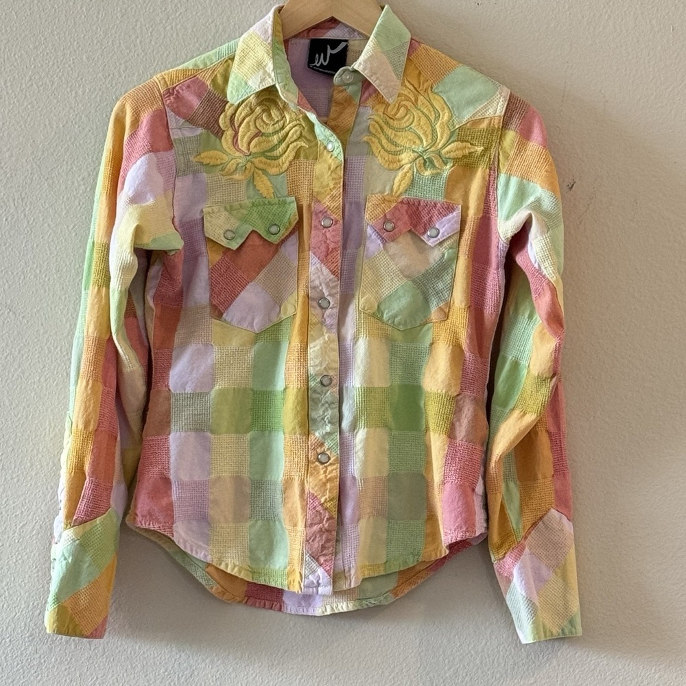 Vintage Western Denim Bank Patchwork Pearl Snap Yellow Rose Embroidered Shirt Sm